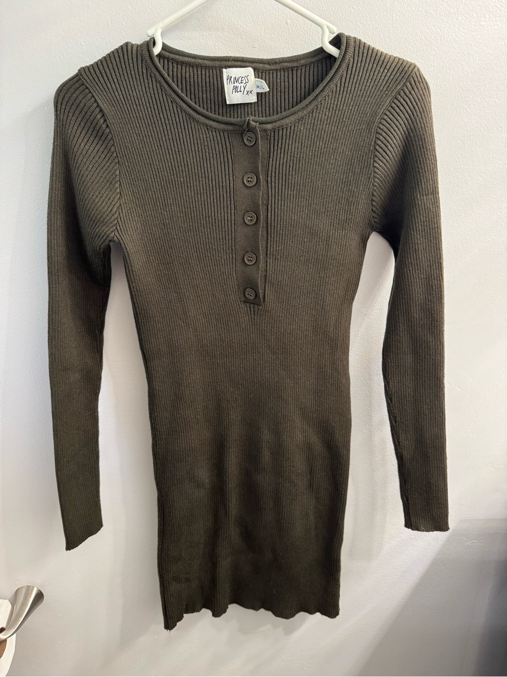 Princess Polly Olive Ribbed Long Sleeve Henley Midi Dress